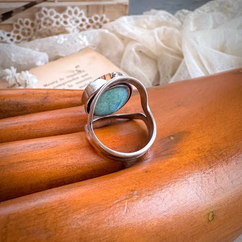 Vintage Sterling Silver Lapis Lazuli & Chrysoprase Spinner Bezel Ring Size 7.75 - Picture 8 of 14